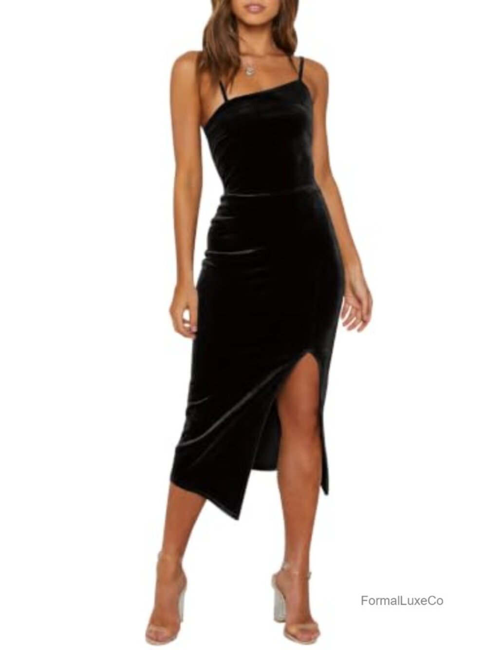 Velvet Bodycon Midi Dress Spaghetti Strap Asymmetrical Neckline Side Slit